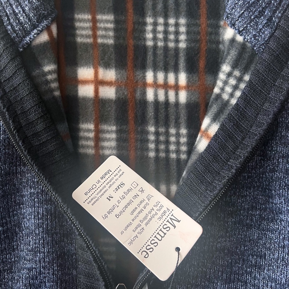 Men's Blue and Black Zip-Up Cardigan Sweater - Picture 7 of 7